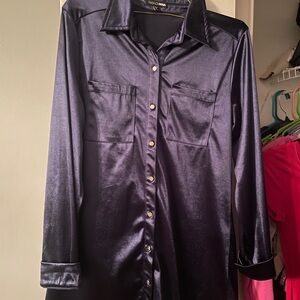 Fashion Nova Satin Button-Up Shirt - Navy